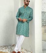 Floral printed green mandarin collor cotton summer kurta with pyjama