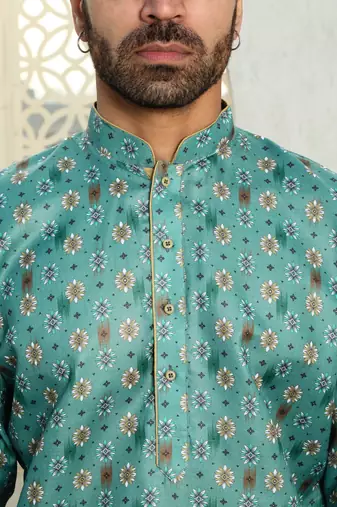 Floral printed green mandarin collor cotton summer kurta with pyjama