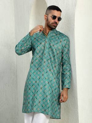 Floral printed green mandarin collor cotton summer kurta with pyjama 4