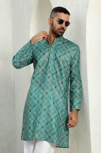 Floral printed green mandarin collor cotton summer kurta with pyjama