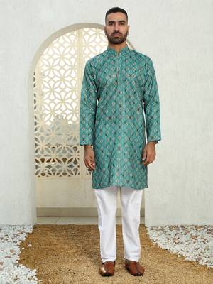 Floral printed green mandarin collor cotton summer kurta with pyjama 5