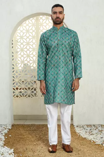 Floral printed green mandarin collor cotton summer kurta with pyjama