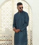 Floral printed blue mandarin collor cotton summer kurta with pyjama