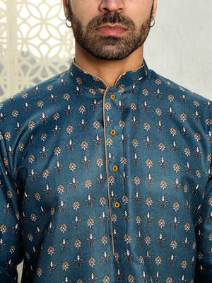 Floral printed blue mandarin collor cotton summer kurta with pyjama 2