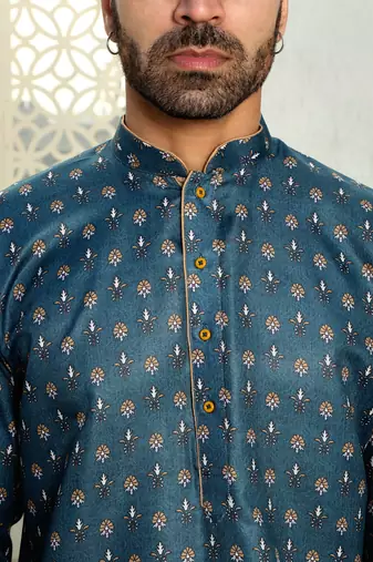 Floral printed blue mandarin collor cotton summer kurta with pyjama