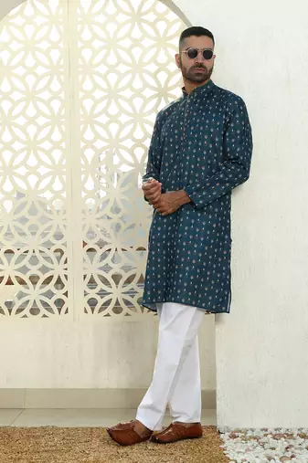 Floral printed blue mandarin collor cotton summer kurta with pyjama