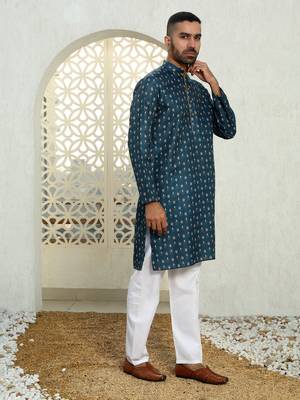 Floral printed blue mandarin collor cotton summer kurta with pyjama 4