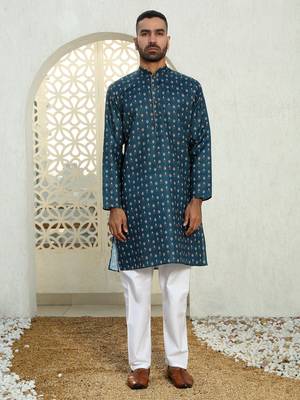 Floral printed blue mandarin collor cotton summer kurta with pyjama 5