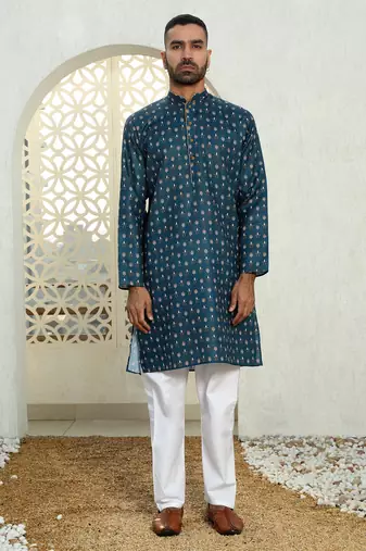 Floral printed blue mandarin collor cotton summer kurta with pyjama