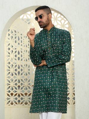 Floral printed dark green mandarin collor cotton summer kurta with pyjama 1