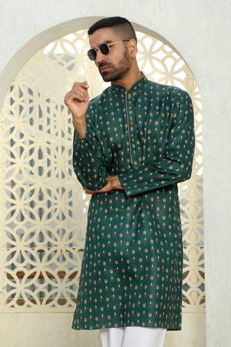 Floral printed dark green mandarin collor cotton summer kurta with pyjama