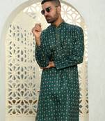 Floral printed dark green mandarin collor cotton summer kurta with pyjama