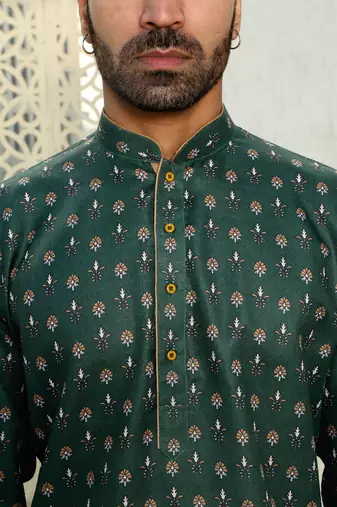 Floral printed dark green mandarin collor cotton summer kurta with pyjama