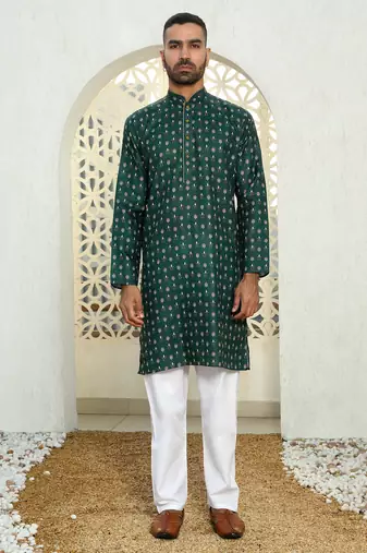 Floral printed dark green mandarin collor cotton summer kurta with pyjama