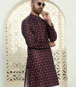 Floral printed wine mandarin collor cotton summer kurta with pyjama