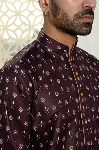 Floral printed wine mandarin collor cotton summer kurta with pyjama