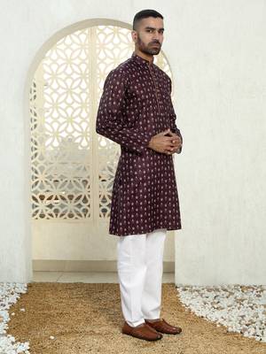 Floral printed wine mandarin collor cotton summer kurta with pyjama 4