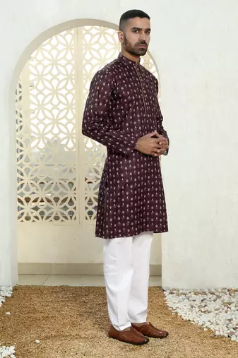 Floral printed wine mandarin collor cotton summer kurta with pyjama