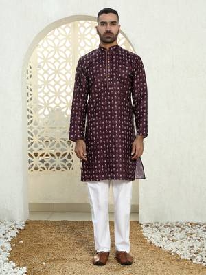 Floral printed wine mandarin collor cotton summer kurta with pyjama 5