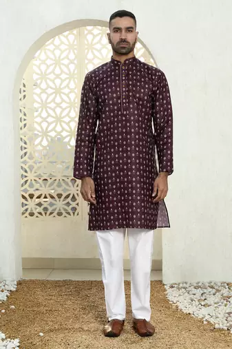 Floral printed wine mandarin collor cotton summer kurta with pyjama