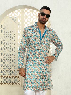 Geometric multi colored mandarin collor cotton summer kurta with pyjama 1