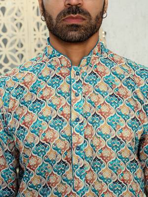 Geometric multi colored mandarin collor cotton summer kurta with pyjama 3