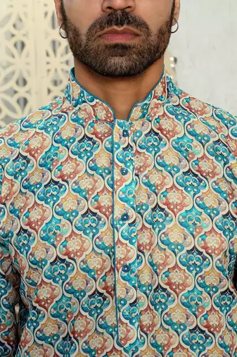 Geometric multi colored mandarin collor cotton summer kurta with pyjama
