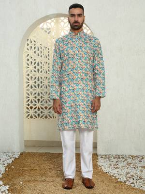 Geometric multi colored mandarin collor cotton summer kurta with pyjama 5