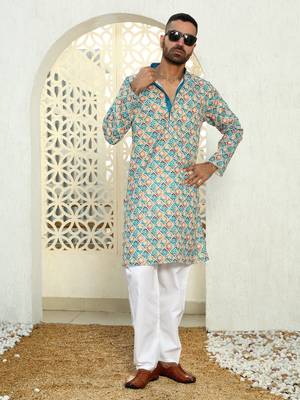 Geometric multi colored mandarin collor cotton summer kurta with pyjama 6