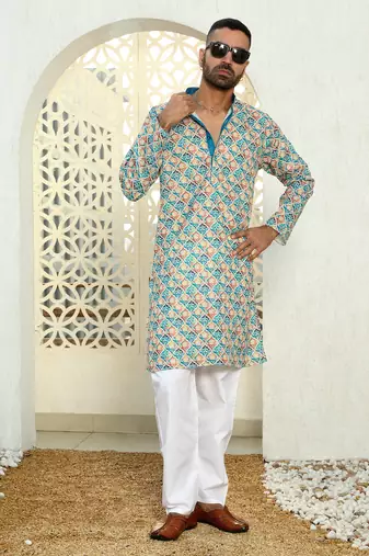 Geometric multi colored mandarin collor cotton summer kurta with pyjama