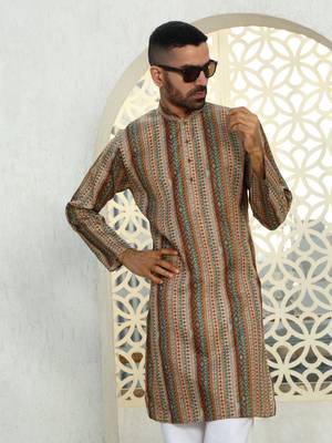 Striped beige mandarin collor cotton summner kurta with pyjama 1