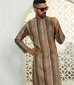 Striped beige mandarin collor cotton summner kurta with pyjama