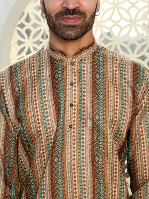 Striped beige mandarin collor cotton summner kurta with pyjama 2