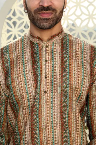 Striped beige mandarin collor cotton summner kurta with pyjama