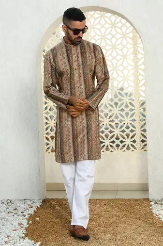 Striped beige mandarin collor cotton summner kurta with pyjama