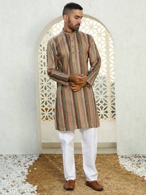 Striped beige mandarin collor cotton summner kurta with pyjama 4