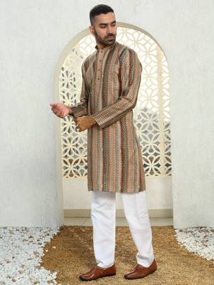Striped beige mandarin collor cotton summner kurta with pyjama 5