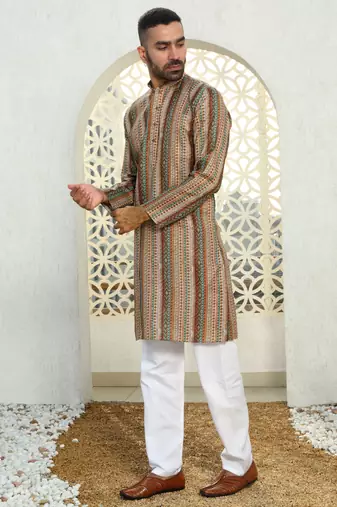 Striped beige mandarin collor cotton summner kurta with pyjama