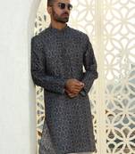 Floral printed blue mandarin collor cotton summer kurta with pyjama