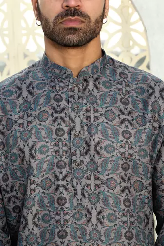 Floral printed blue mandarin collor cotton summer kurta with pyjama