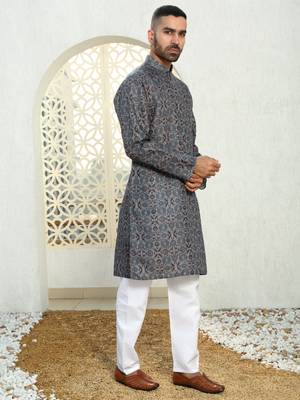 Floral printed blue mandarin collor cotton summer kurta with pyjama 4