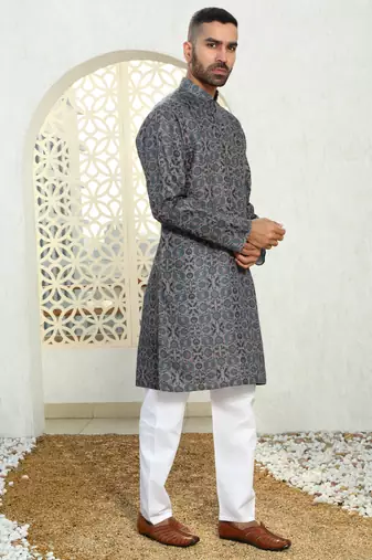 Floral printed blue mandarin collor cotton summer kurta with pyjama