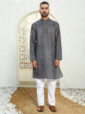 Floral printed blue mandarin collor cotton summer kurta with pyjama 5