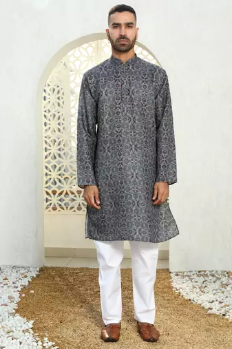 Floral printed blue mandarin collor cotton summer kurta with pyjama