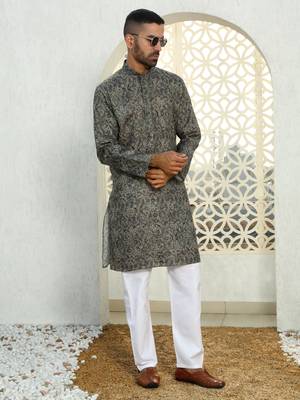Paisley printed green mandarin collor cotton summer kurta with pyjama 1