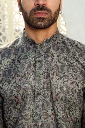 Paisley printed green mandarin collor cotton summer kurta with pyjama
