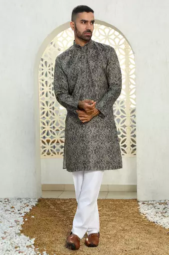 Paisley printed green mandarin collor cotton summer kurta with pyjama