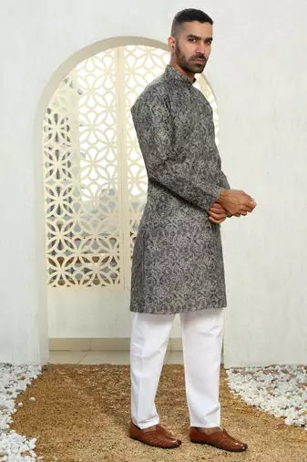 Paisley printed green mandarin collor cotton summer kurta with pyjama