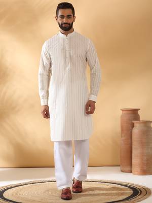 Cotton embroidered cream pathani kurta and salwar 1