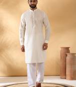 Cotton embroidered cream pathani kurta and salwar
